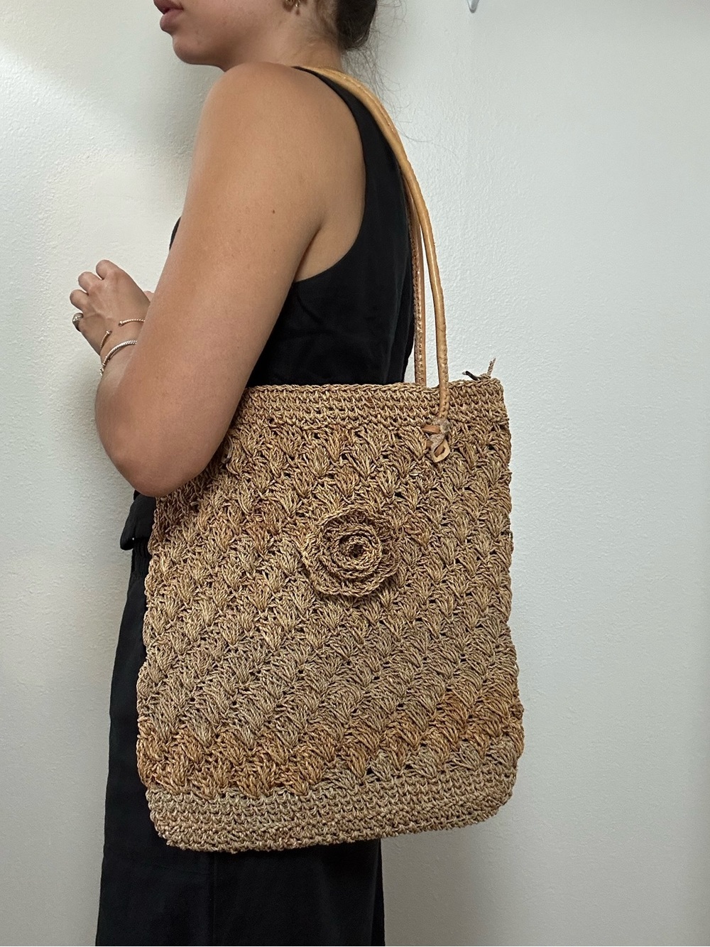 Brown Beige Woven Straw Handmade Tote Bag with Flower Accent & Leather Strap - Picture 11 of 14
